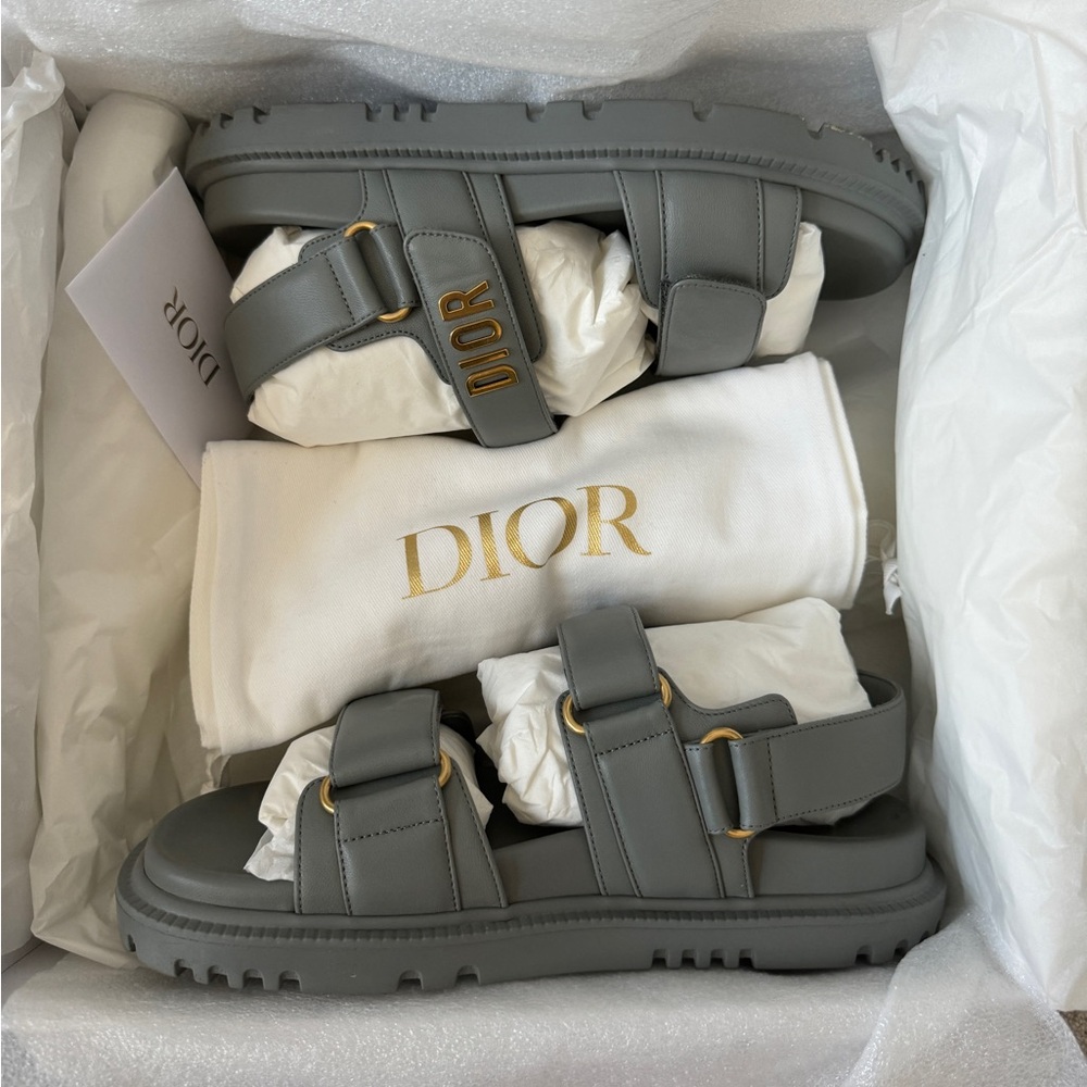 Christian Dior DiorAct Dark Gray Dad Sandals with Gold Logo and Hardware Size 36